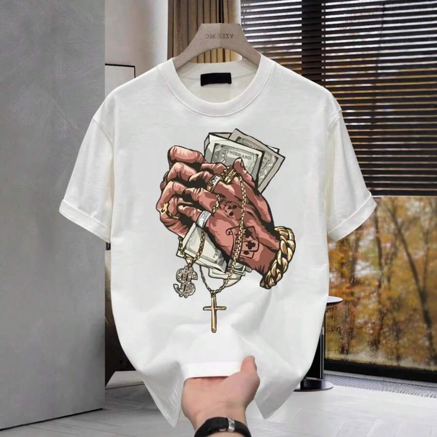 [Ropa Masculina de Calidad]Camiseta Versátil de Algodón Puro de Alta Calidad, Marca de Moda para Jóvenes, con Estampado, Cuello Redondo, Manga Corta, Corte Holgado y Tallas Grandes DMQ8 - 250 g de algodón puro - blanco - Ver 1