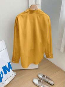 Camisa casual de manga larga, de un solo pecho, de unicolor y holgada para mujer - Amarillo - Ver 2