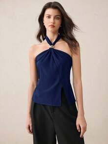 Top con cuello de halter, diseño de botón de metal verde, abertura lateral, elegante y chic para uso urbano y diario, estilo romántico retro de los 90.Adecuado para Navidad, Año Nuevo, San Valentín, fiestas, playa, graduación, moda, carnaval, bod - Azul marino - Ver 6