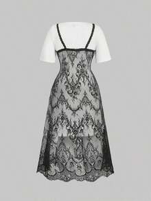 MOD Vestido largo camisero de 2 en 1 con bloque de color y encaje, tallas grandes para mujer - Blanco y Negro - Ver 3