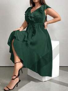 Clasi Vestido de fiesta con cuello en V y ribete de unicolor talla grande, estilo outfit para mujer - Verde Oscuro - Ver 4
