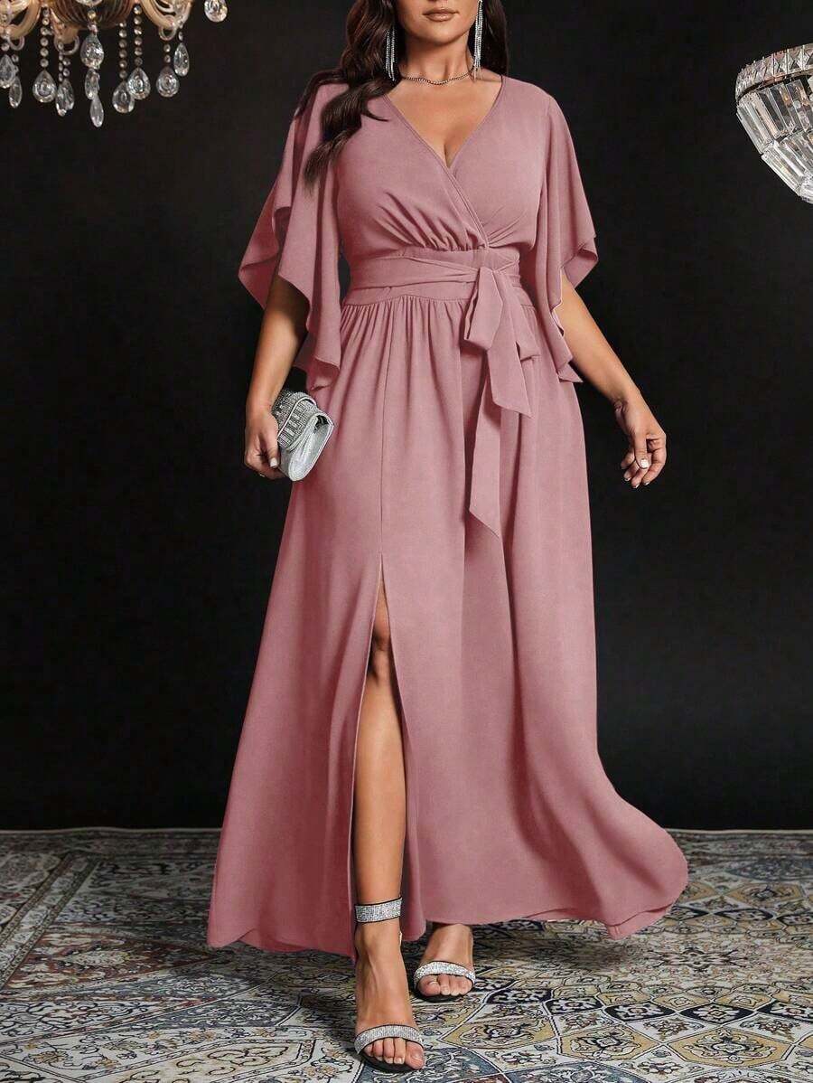 Vestido maxi elegante de fiesta con abertura, cuello en V ajustado, mangas acampanadas y cintura fruncida, talla grande para mujer - Rosa vieja - Ver 1