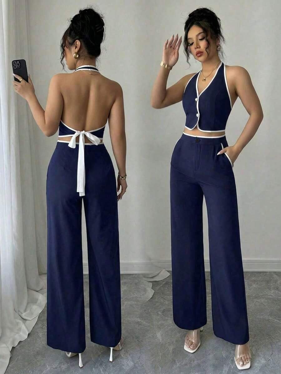Conjunto de 2 piezas para mujer con top halter escotado en la espalda con ribete de color contrastante y pantalones largos - Azul marino - Ver 1