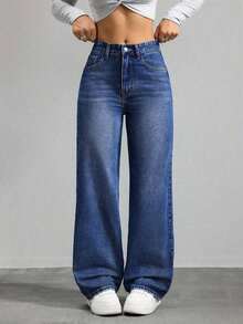 Unity Jeans de mezclilla de pierna ancha recta de diseño simple con cintura alta para mujeres a la moda - Azul lavado oscuro 2 - Ver 8