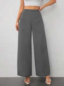 Pantalones de pierna ancha de textura de cintura alta, de estilo casual y sencillo, apropiados para ir a la escuela o para ir y venir al trabajo - Gris Oscuro - Ver 6