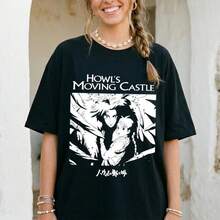Sommar-T-shirt för män, 180g ren bomull, vintage Sophie and Howl anime-tröja, minimalistisk manga-t-shirt, fan-gåva, standardpassform. - Svart - Visa 1