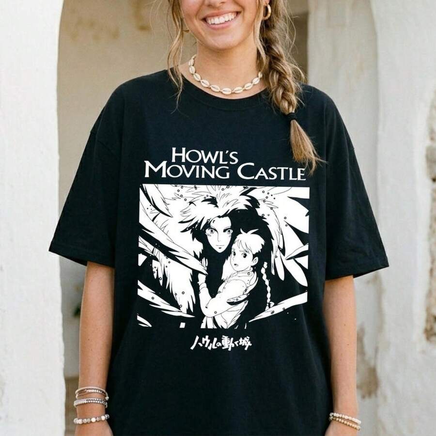 Sommar-T-shirt för män, 180g ren bomull, vintage Sophie and Howl anime-tröja, minimalistisk manga-t-shirt, fan-gåva, standardpassform. - Svart - Visa 1