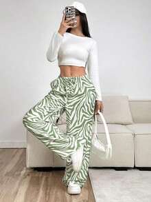 Pantalones con cordón de mujer con estampado de leopardo blanco - Verde lima - Ver 3