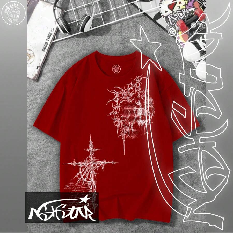Premium 100% Cotton T-Shirt ASHSTAR "GOTHIC CROSS SKULL" - 紅色 - 查看 1