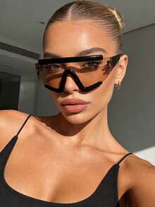 1pc Y2K Futuristic Fashion Glasses, Cyber Punk Style Glasses, Integrated Design For Daily Wear With Futuristic Fashionable Look - Light Brown - View 3