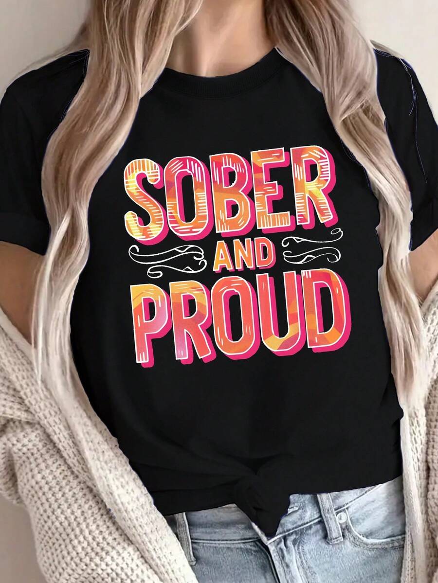 Camiseta Casual de Verano para Mujer, Camiseta con Estampado de Letras y Cuello Redondo, Top Casual de Manga Corta para Primavera/Verano, Camiseta Elegante y a la Moda para Mujer - Negro - Ver 1