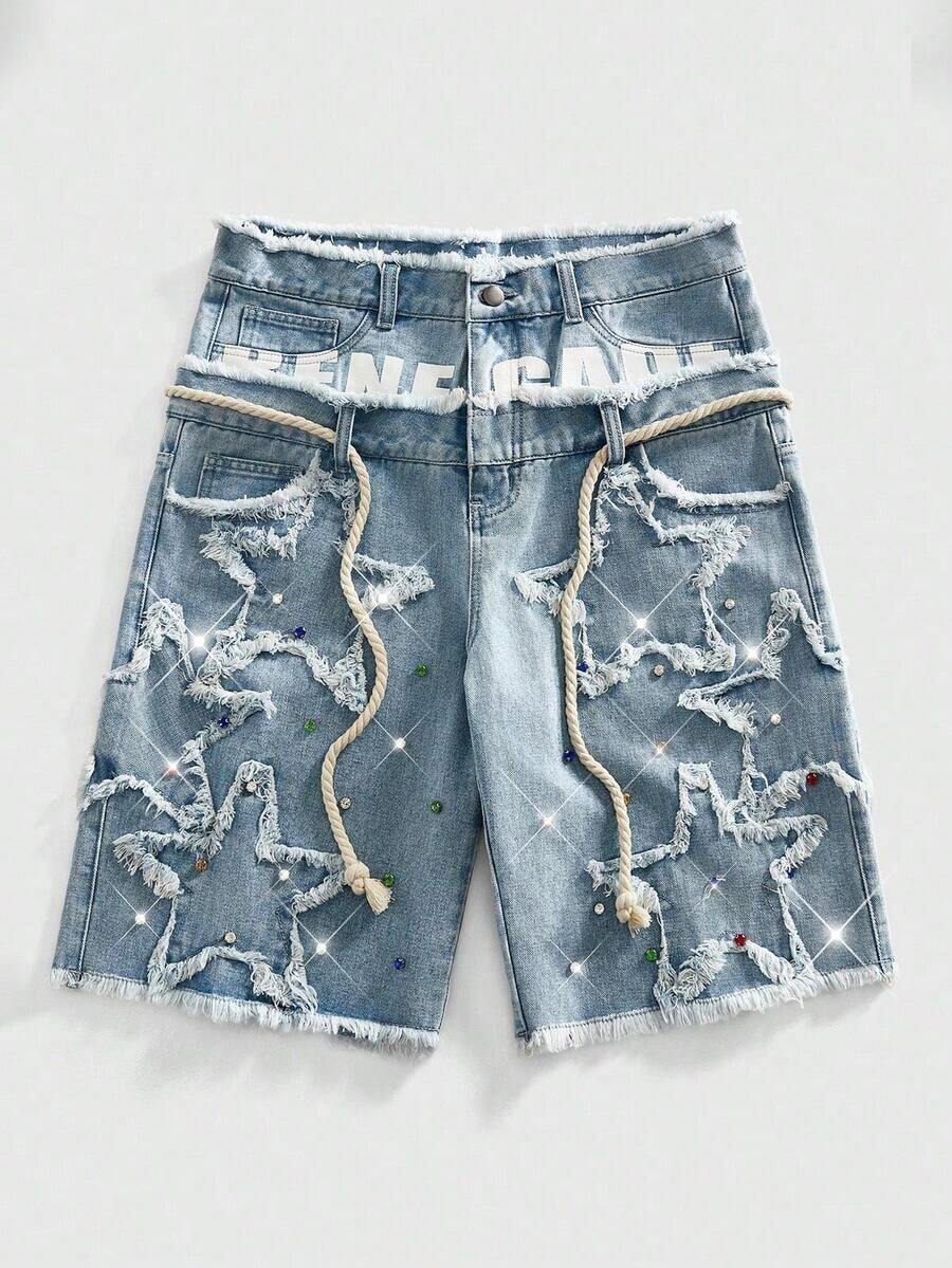 ROMWE MEN Street Life Pantalones cortos de mezclilla con doble cintura y bordado para hombres - Celeste - Ver 1
