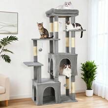 Árbol para gatos resistente de 61" y varios niveles para gatos grandes de interior y Maine Coons – Plataforma extra grande, 2 condominios espaciosos, postes rascadores de sisal natural, juguetes, centro de actividades moderno y robusto para gatos, verde/beige. - Gris claro - Ver 7