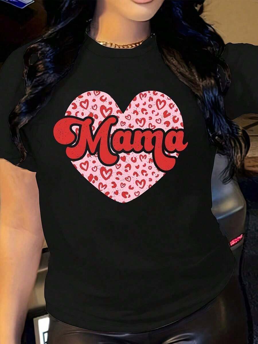 Valentine's Day Mom T-Shirt, Gift T-Shirt For Mom, Valentine's Crew Neck T-Shirt, Heart T-Shirt For Mom, Leopard Print Mom T-Shirt, Valentine's Day Gift T-Shirt - Unisex Vintage Urban Style Cotton Short Sleeve Crew Neck T-Shirt. - 黑色 - 查看 1