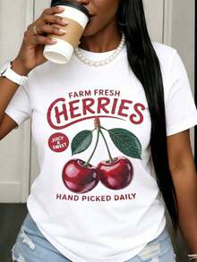 1 Pieza de Camiseta Gráfica Casual de Moda para Hombres y Mujeres con Estampado de Cerezas Frescas de Granja, Jugosas y Dulces, Recogidas a Mano, para Uso Diario. Camiseta Casual de Verano para Mujer con Estampado de Frutas. Versátil, fácil de combinar, adecuada para uso diario, estilo urbano, vacaciones y fines de semana. - Blanco - Ver 7