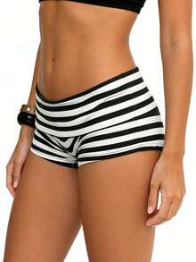 Women's Summer Fold Over Shorts Stripe Print Low Waist Bodycon Short Pants Casual Pajamas Bottoms - Negro - Ver 3