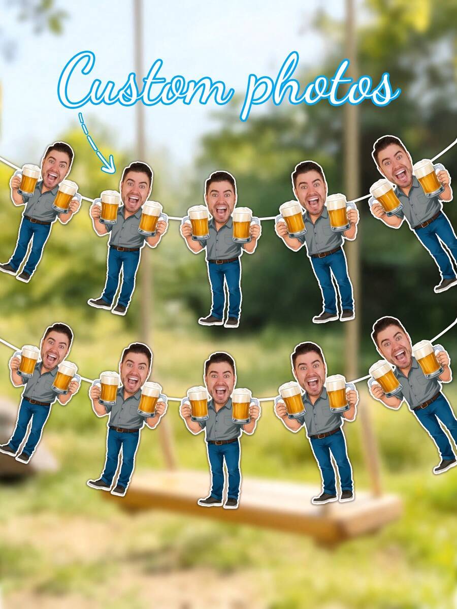 Custom Photo Beer Guy Banner Garland Personalized Face Bunting With Beer Mug For Bachelor Party Birthday Decor 7/14/21pcs - Multicolor - View 1