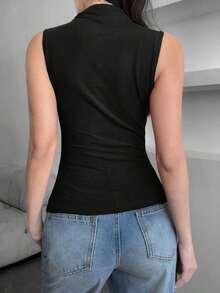 Top corto ajustado sin mangas con efecto transparente y rhinestones, adecuado para festivales de música, uso diario, citas, fiestas, San Valentín, vacaciones informales en verano de color negro - Negro - Ver 8