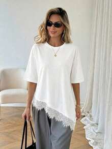 Camiseta casual de mujer con dobladillo asimétrico de encaje de unicolor, uso básico diario, blusa casual de primavera/verano para vacaciones de mujer, vacaciones de verano para mujer, primavera para mujer, vacaciones de primavera, top para ir a la playa - Blanco - Ver 4