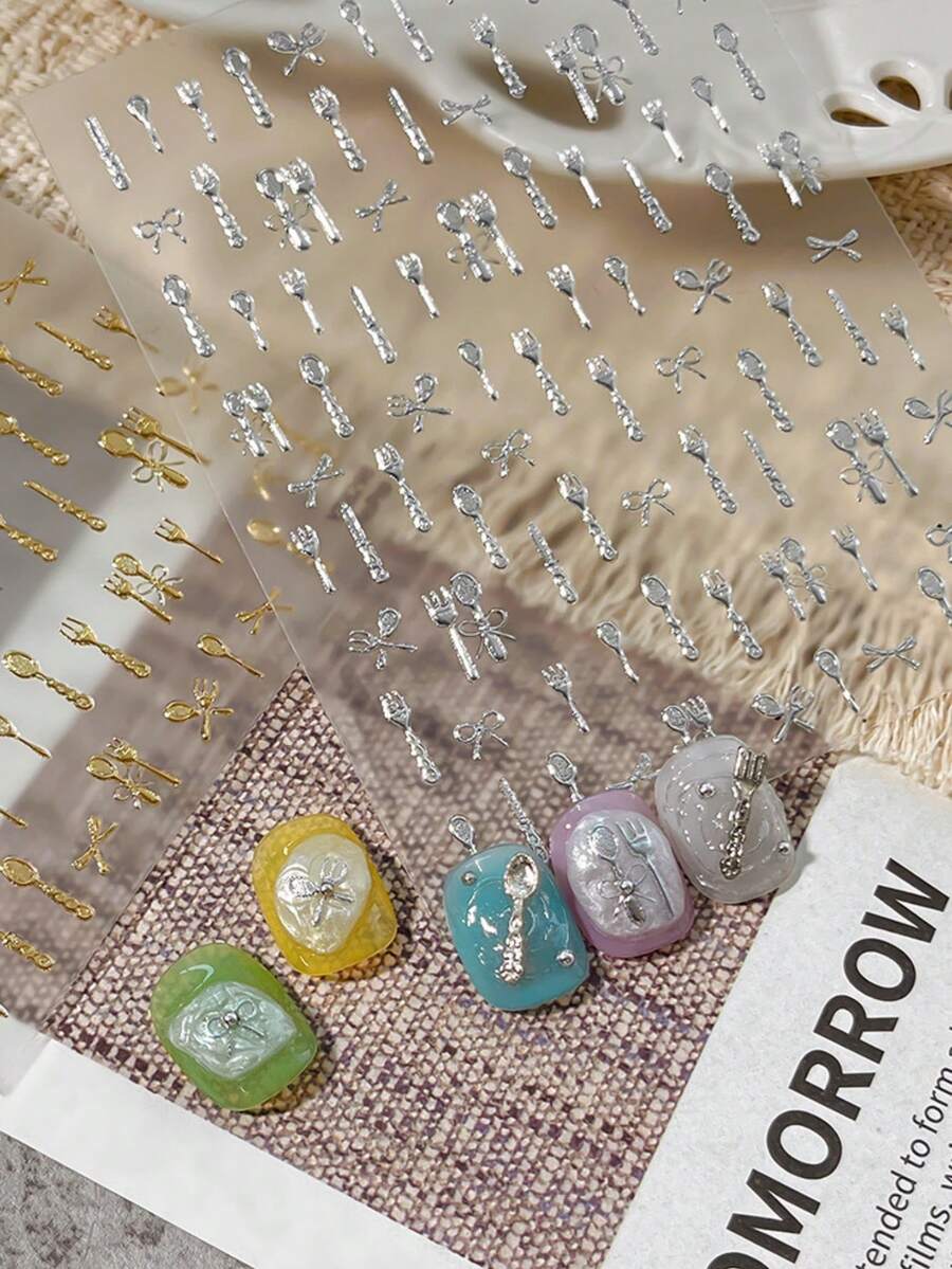 1 Tờ Hình Dán Móng Tay Hình Dao, nĩa và thìa bằng kim loại phẳng, Hình Nơ Trang Trí Móng Tay Hình Dụng Cụ Ăn Uống Thanh Lịch - Bạc - Xem 1