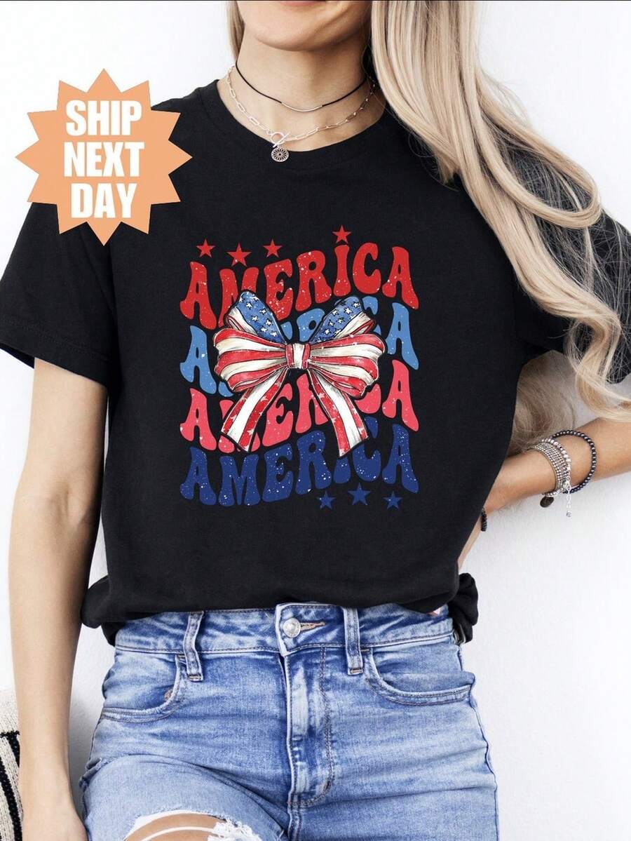 Camiseta roja, blanca y azul, camiseta del Día de la Independencia, camiseta del 4 de julio, regalo para estadounidenses, camiseta de la libertad, camiseta de la paz estadounidense. Camiseta unisex de algodón puro de 220 g, peso ideal para todas las estaciones, adecuada tanto para hombres como para mujeres. Tejido duradero de alta calidad, suave al tacto y de larga duración. Parte superior transpirable. Adecuada para la primavera y el verano de las mujeres, vacaciones, Día de la Madre, Día de la Independencia. - Negro - Ver 1