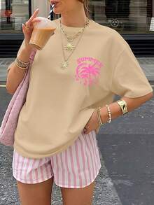 Versatile Summer Casual Sports T-Shirt For Women, With Palm And Sun Print, Sweet And Fresh Vintage Style, Ideal For Beach Vacations, Daily Wear At Home, Outings Or As A Fashionable Gift. - 杏色 - 查看 2