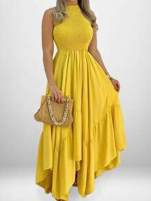 Vestido largo unicolor con falda amplia, estilo elegante primavera 2026 - Amarillo - Ver 1