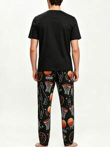 Casual Men's Spring/Summer Thin Pajama Set, Round Neck Cool Basketball Graffiti Print Short Sleeve Top And Long Pants 2-Piece Set, Lazy Comfortable Loungewear Suitable For Outdoor Wear - Multicolor - View 2