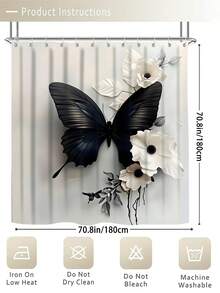 1/3/4件套黑色蝴蝶白花浴室帘套装，纯色3D印花防水防滑面料，包含马桶盖和U型浴垫，12个挂钩，适用于家庭/卧室/客厅 - A - 查看 8