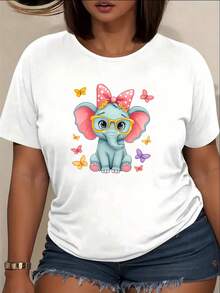 Camiseta clásica con estampado de elefante de dibujos animados, camiseta de cuello redondo estampada, top versátil para el día a día, camiseta casual de manga corta para mujer, nuevo estilo, diseño moderno, éxito de . - Blanco - Ver 1
