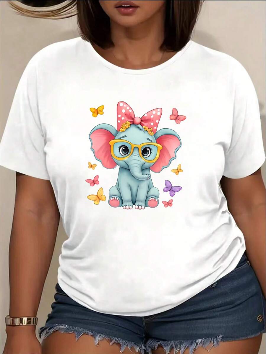 Camiseta clásica con estampado de elefante de dibujos animados, camiseta de cuello redondo estampada, top versátil para el día a día, camiseta casual de manga corta para mujer, nuevo estilo, diseño moderno, éxito de . - Blanco - Ver 1