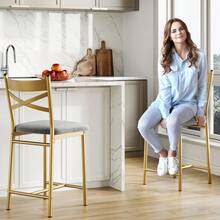 Bar Stools Set Of 2,   High Back And Metal Footrest, Upholstered Large Seat Island Stools Bar Chairs For Dining Room Kitchen Bar - Gold - View 10