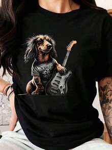 Camiseta Unisex de Algodón con Diseño Gráfico de Perro Jugando la Guitarra Eléctrica en una Banda de Rock, para Hombres y Mujeres, Regalo para Amantes de la Música, Ropa Casual de Verano > Hermosa. - Negro - Ver 1