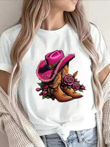 Soft 100%cottonSoft 100%cottonT-shirtLightweight T-Shirt with a Design Featuring a Pink Cowboy Hat And Boots, Adorned with a Western Floral Pattern, Ideal for Casual Wear at Home Or Outdoor Gatherings, Perfect for Fans of Country Music And Festival AttireBreathable Cotton Tee, All Matchcoolcool - Blanco - Ver 8