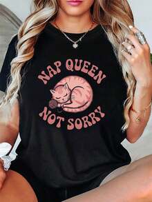 Size - Size - The Cat Teaches Me The Lazy Queen Vibe. NAP NO APOLOGIES. A Stylish And Casual Women's Crew Neck T-Shirt With A Cat Print, Perfect For Creative Outfits, Comfort, Everyday Wear, And Spring/Summer Outings - 黑色 - 查看 1