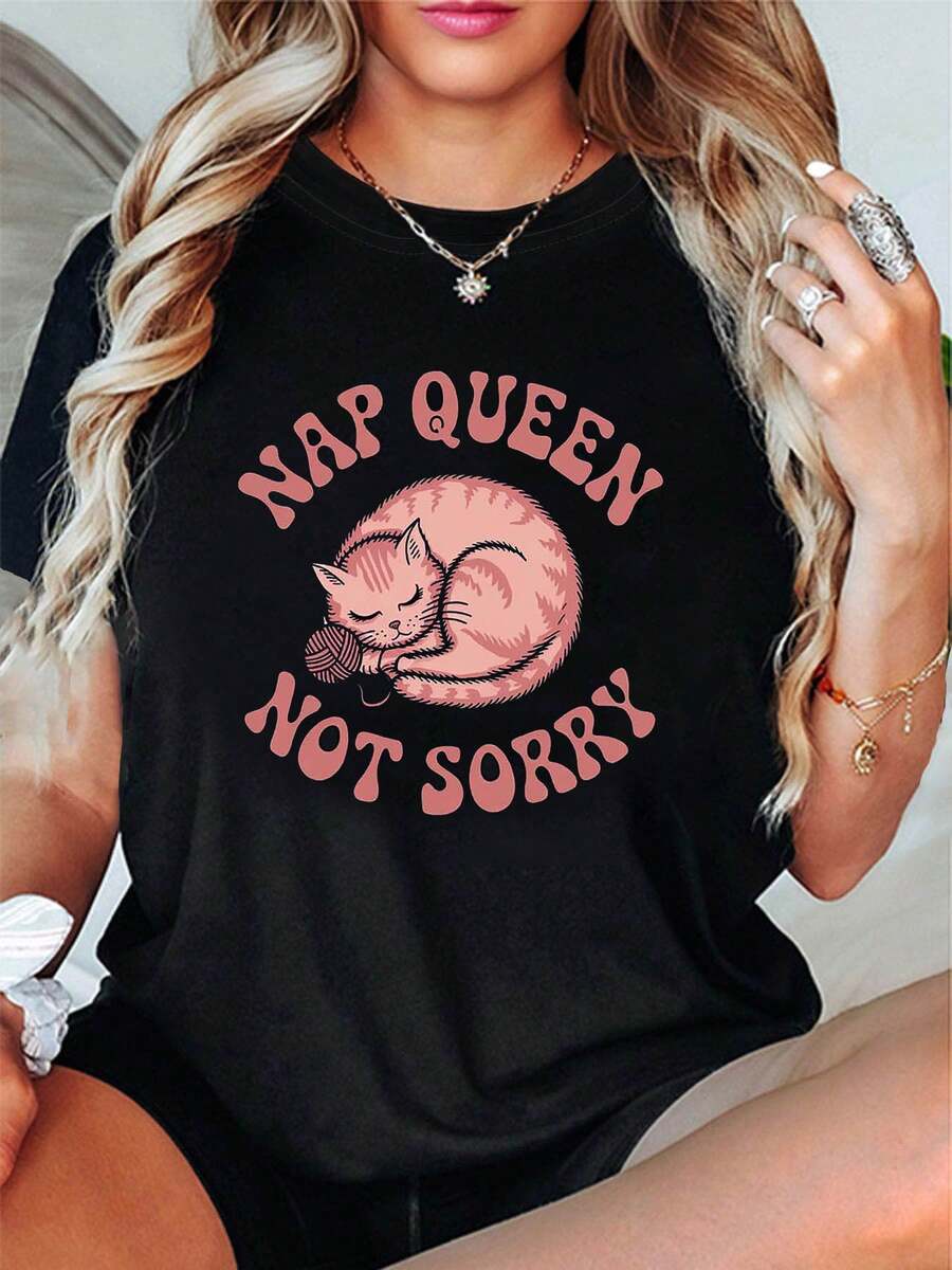 Size - Size - The Cat Teaches Me The Lazy Queen Vibe. NAP NO APOLOGIES. A Stylish And Casual Women's Crew Neck T-Shirt With A Cat Print, Perfect For Creative Outfits, Comfort, Everyday Wear, And Spring/Summer Outings - 黑色 - 查看 1