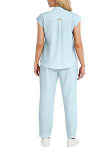cimmuovere Conjunto de uniforme médico de talla grande con top holgado sin mangas de cuello alto y pantalones con múltiples bolsillos, para primavera - Celeste - Ver 2