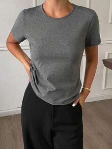 Camiseta básica de mujer de cuello redondo de unicolor de manga corta, blanca, para primavera/verano, de estilo casual de oficina - Gris Oscuro - Ver 5