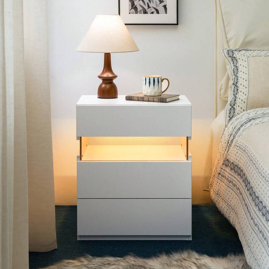 Modern Bedside Table / Wooden Bedside Table / Bedside Table With 3 Drawers / Easy To Assemble, Plenty Of Storage Space / For Bedroom, Living Room, Bedside Furniture - 白色 - 查看 1