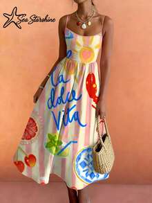 Starfish Shiny Vacation Style Women's Dress, Ocean Lobster & Citrus Lemon Letter Print Sleeveless Dress Elegant Summer - Multicolor - View 5