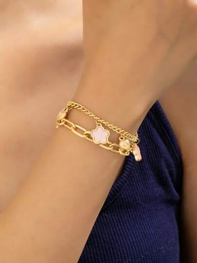 1 Fashionable Double-Layer Bracelet With Five Leaf Flower Pendant And Bracelet