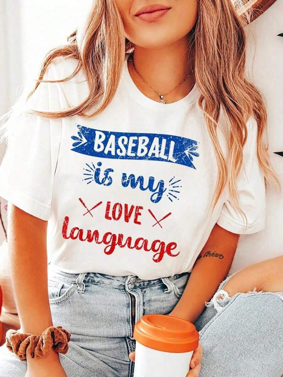 Camiseta Divertida Vintage con Estampado "El Béisbol Es Mi Lenguaje de Amor", Camisetas Gráficas para Mujer - Blanco - Ver 1