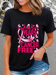 Camiseta de talla grande para la concientización sobre el cáncer de mama - Diseño de lazo rosa y mariposa con la frase "4 años sin cáncer", manga corta, cuello redondo, ropa de celebración. - Negro - Ver 6