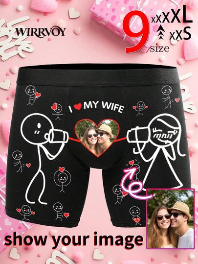 1 Peça Cueca Boxer Personalizada com Foto do Casal "Eu Amo Minha Esposa", Roupa Íntima com Design de Figura Estilizada Personalizada com Corações Vermelhos, Melhor Presente para o Marido, Perfeito para Aniversário, Dia das Mães, Dia dos Namorados, Aniversário, Natal, Presente Único e Romântico