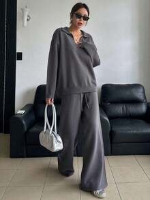 Conjunto de 2 piezas de suéter holgado de cuello vuelto de unicolor y pantalones de pierna ancha para mujer, otoño - Gris Oscuro - Ver 9