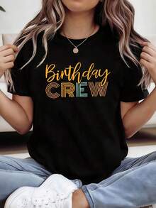 Talla, camiseta de cumpleaños de talla para mujer - Blusa extragrande de manga corta y cuello redondo adecuada para atuendos de cumpleaños, ropa casual de primavera y verano, atuendos a juego para despedida de soltera, prenda superior lavable aáquina - Negro - Ver 1