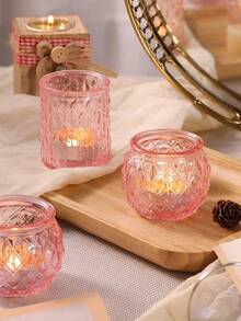 Set Of 6 Pink Glass Candle Holders, Diamond Pattern Design, Suitable For Wedding Table Decor, Halloween Party Decor, Dining Table Decoration, Indoor Home Decor, Family Gatherings, Theme Parties, Wedding Centerpiece Decor, Living Room And Home Tabletop Decoration - Pink - View 5