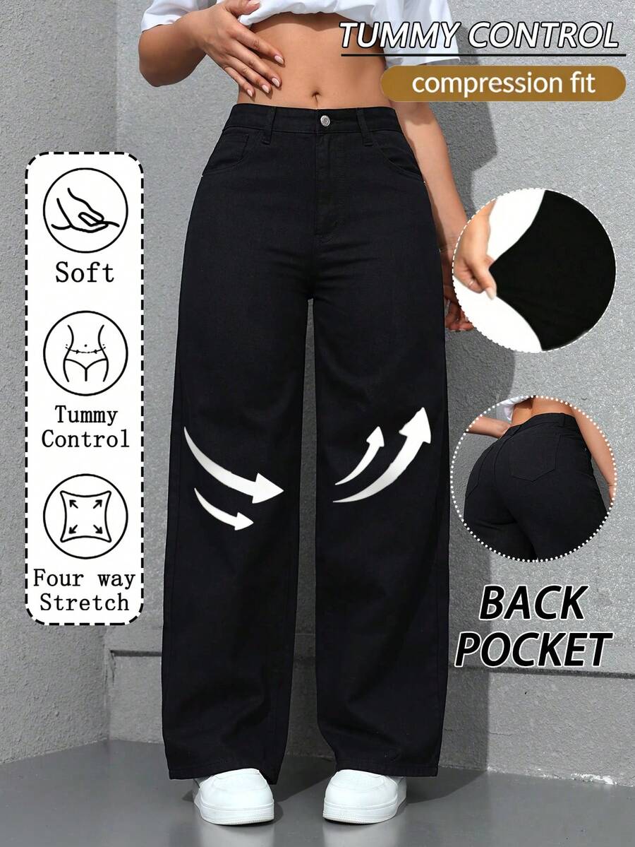 Jeans de mezclilla casuales de unicolor para mujer,Jeans de talle alto, pierna recta, lavado casual - 2046 - Ver 1
