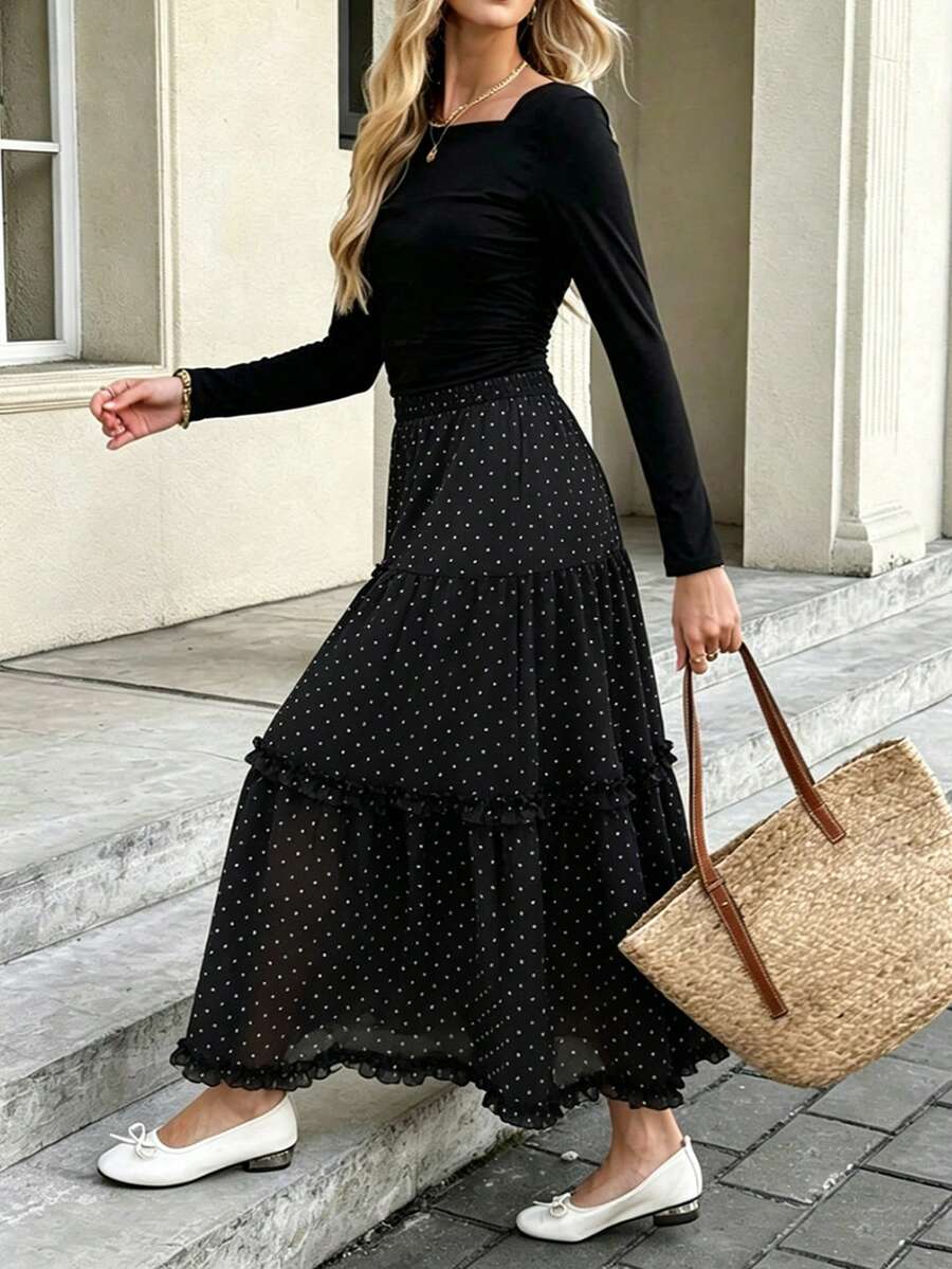 Chân váy chấm bi bằng vải chiffon thanh lịch dành cho nữ, có viền xếp ly, thích hợp cho trang phục thường ngày mùa hè, kỳ nghỉ, màu đen. - màu đen - Xem 1