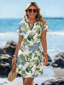 Vestido corto minimalista casual con cuello en V, adecuado para primavera y verano, ropa de verano para mujer, a rayas de colores, ropa de resort para mujer - Multicolor - Ver 3